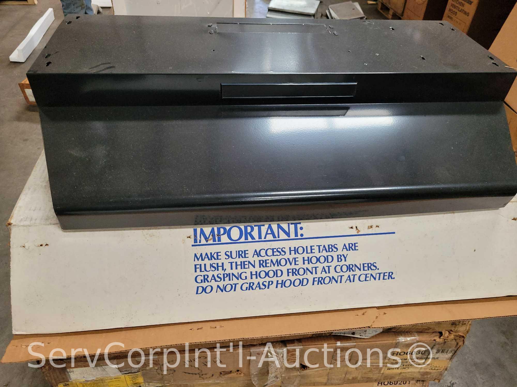Lot on Pallet of 6 Venmar 36" Range Hoods (3 Out of Packaging), Broan 36" Range Hood, Black 32"