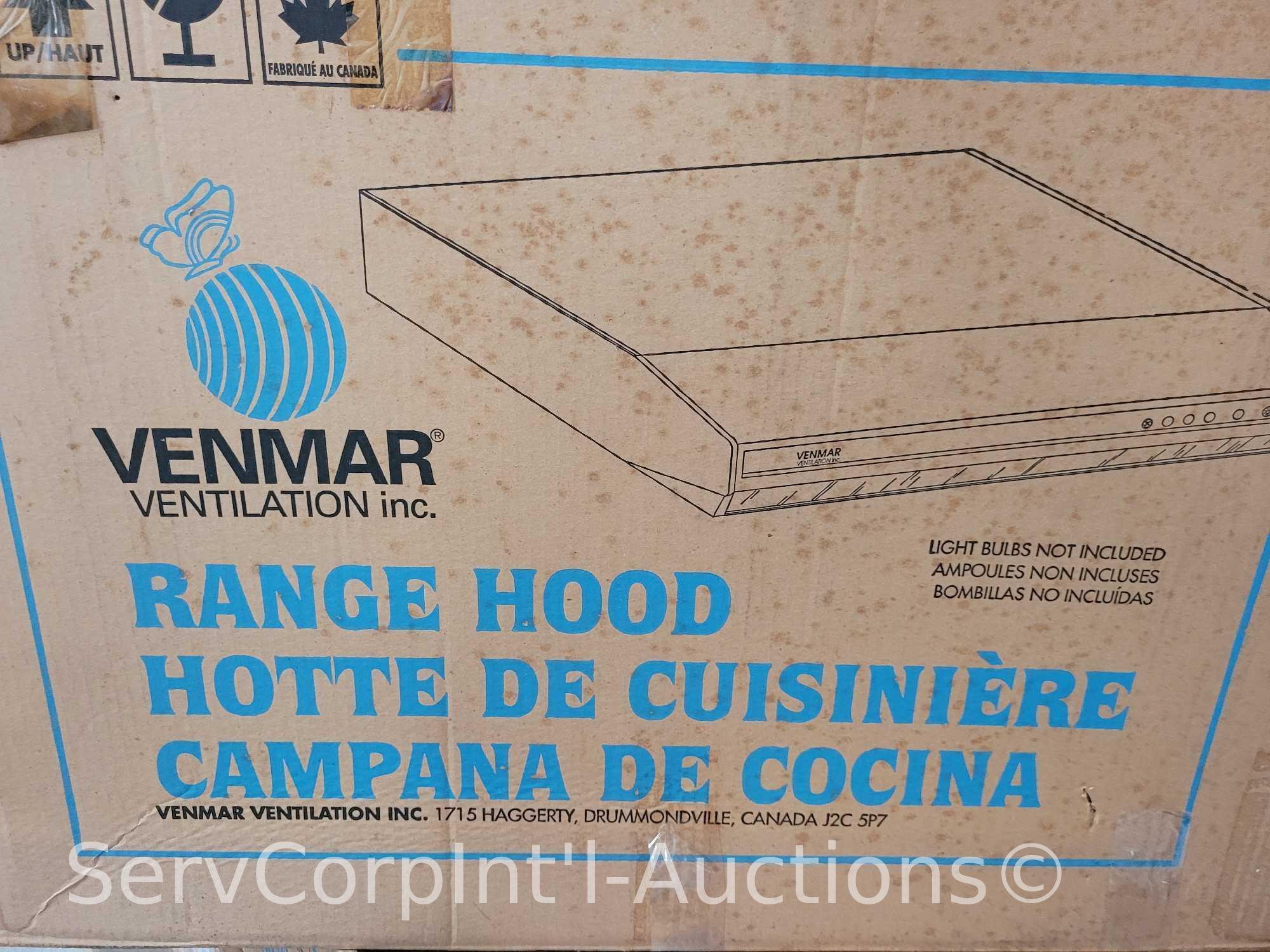 Lot on Pallet of 6 Venmar 36" Range Hoods (3 Out of Packaging), Broan 36" Range Hood, Black 32"