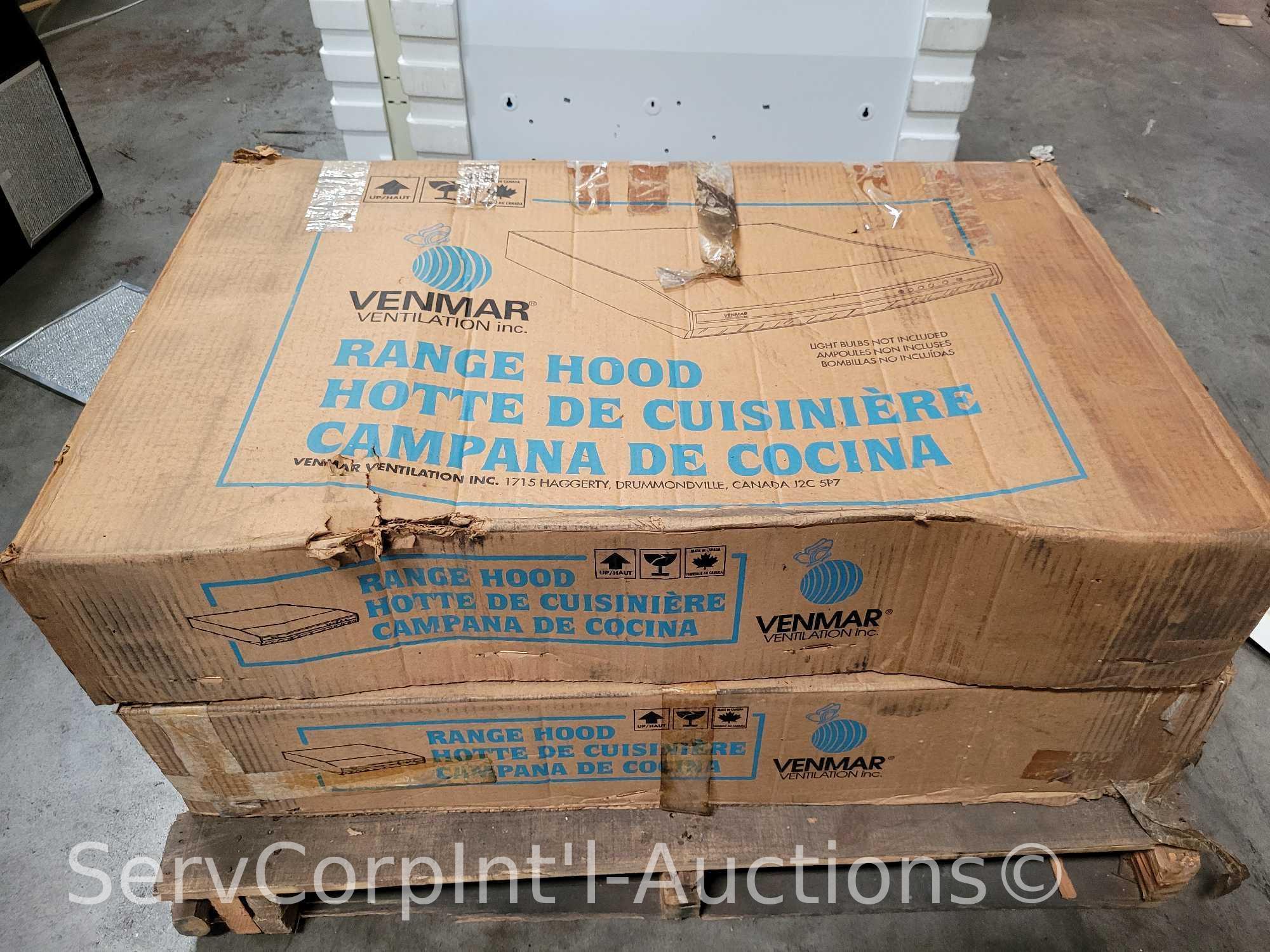 Lot on Pallet of 6 Venmar 36" Range Hoods (3 Out of Packaging), Broan 36" Range Hood, Black 32"