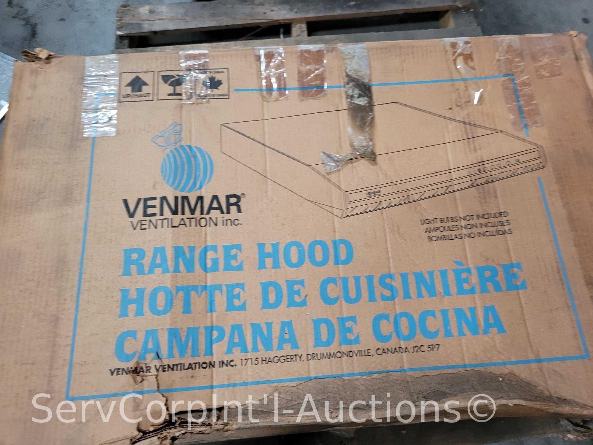 Lot on Pallet of 6 Venmar 36" Range Hoods (3 Out of Packaging), Broan 36" Range Hood, Black 32"