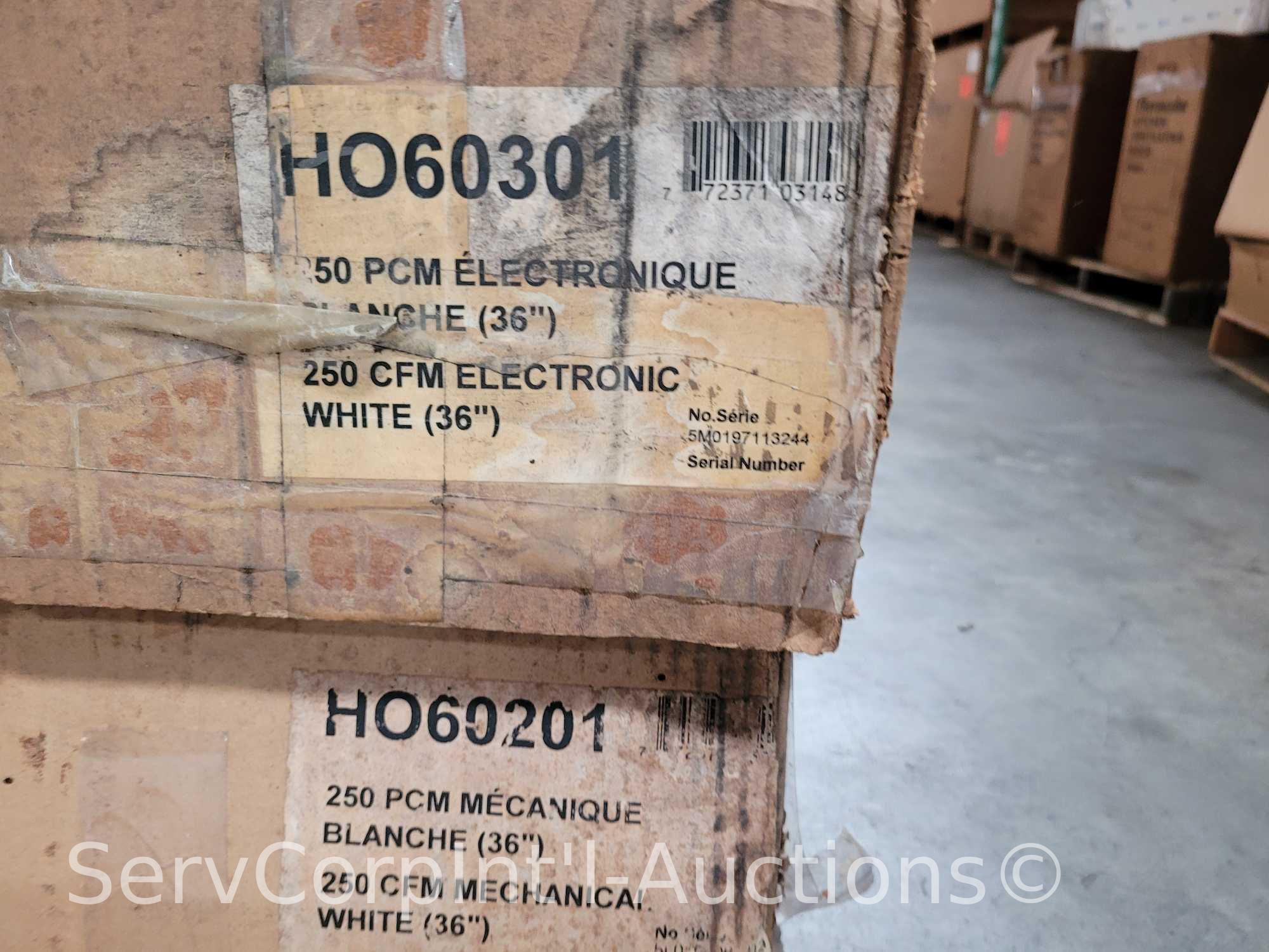 Lot on Pallet of 6 Venmar 36" Range Hoods (3 Out of Packaging), Broan 36" Range Hood, Black 32"