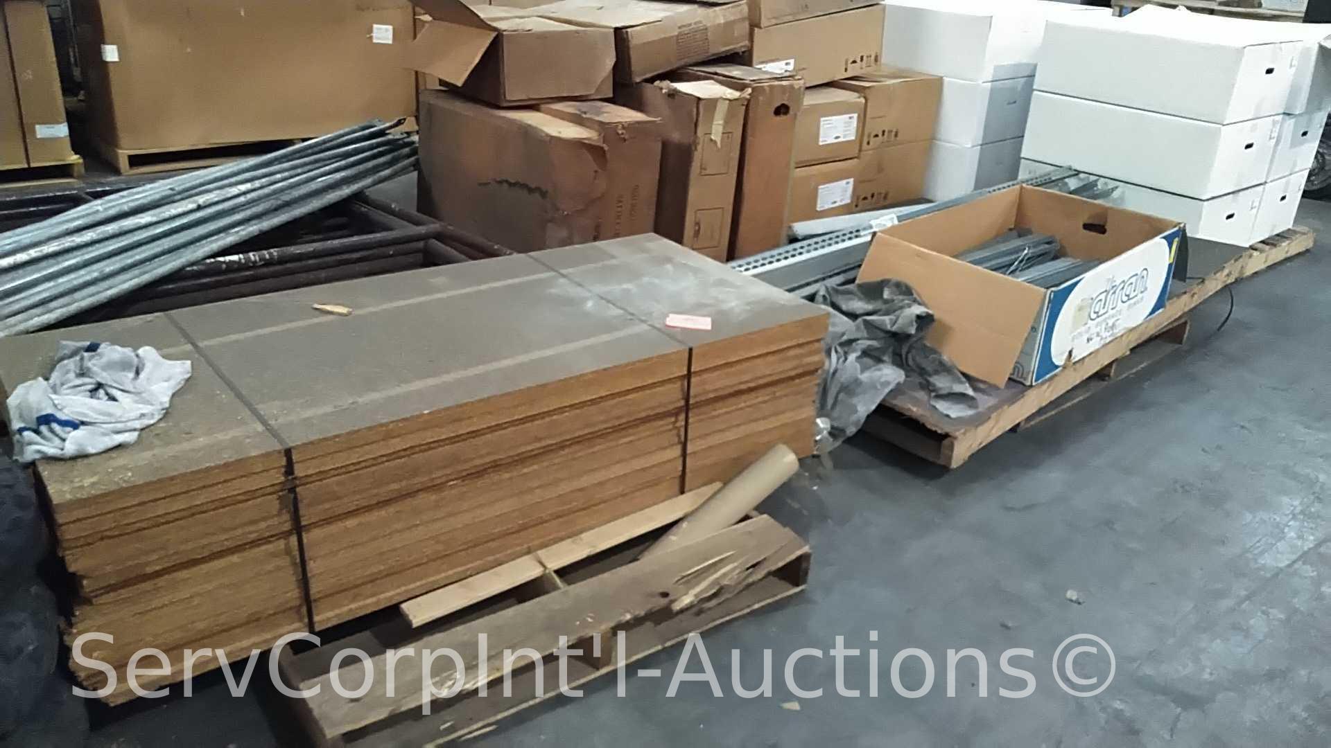 Lot on 2 Pallets of Grey Metal Shelving Unit with Shelving Boards