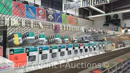 Lot on Top Shelf and Peg Board of Various Square Drive Screws, Trim Screws, Self Tap Screws, Thumb