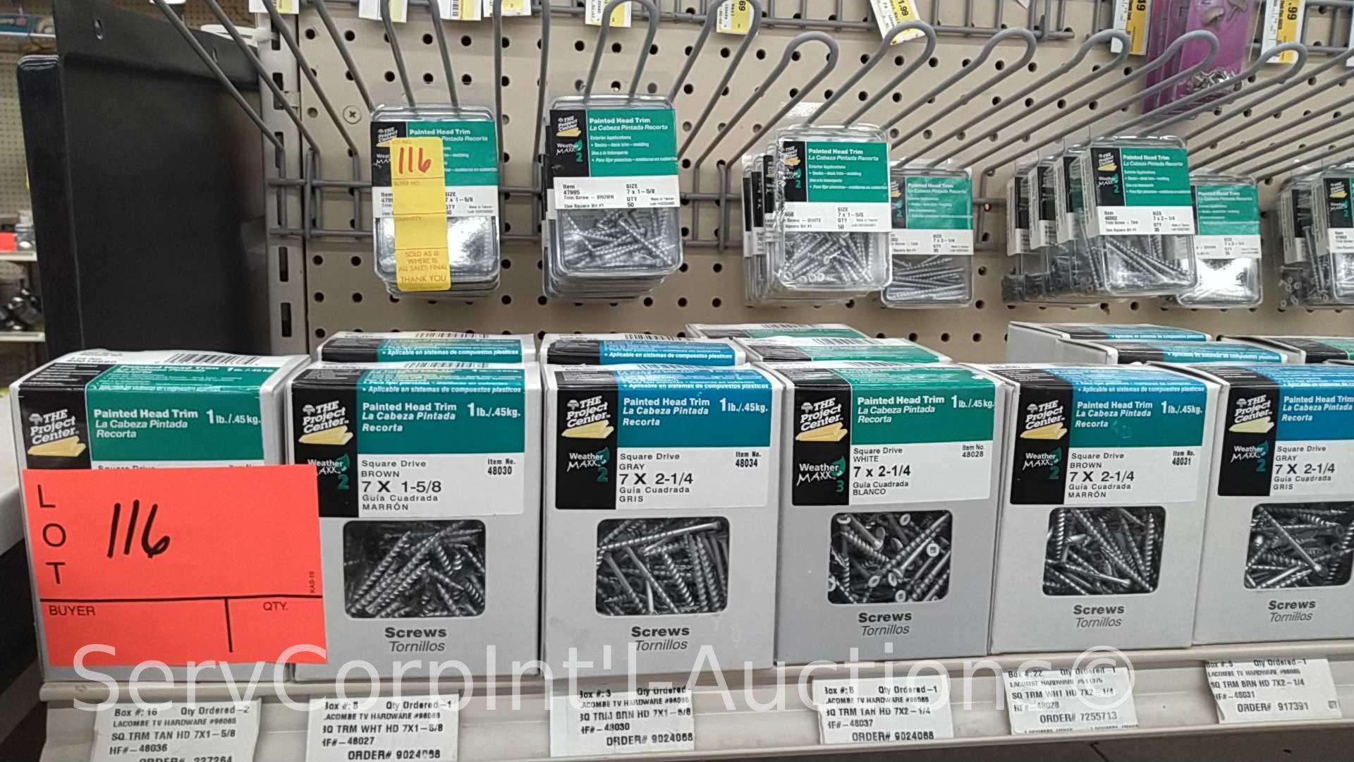 Lot on Top Shelf and Peg Board of Various Square Drive Screws, Trim Screws, Self Tap Screws, Thumb