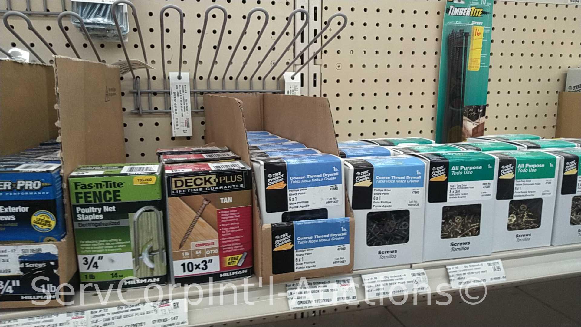 Lot on Top Shelf and Peg Board of Various Square Drive Screws, Trim Screws, Self Tap Screws, Thumb