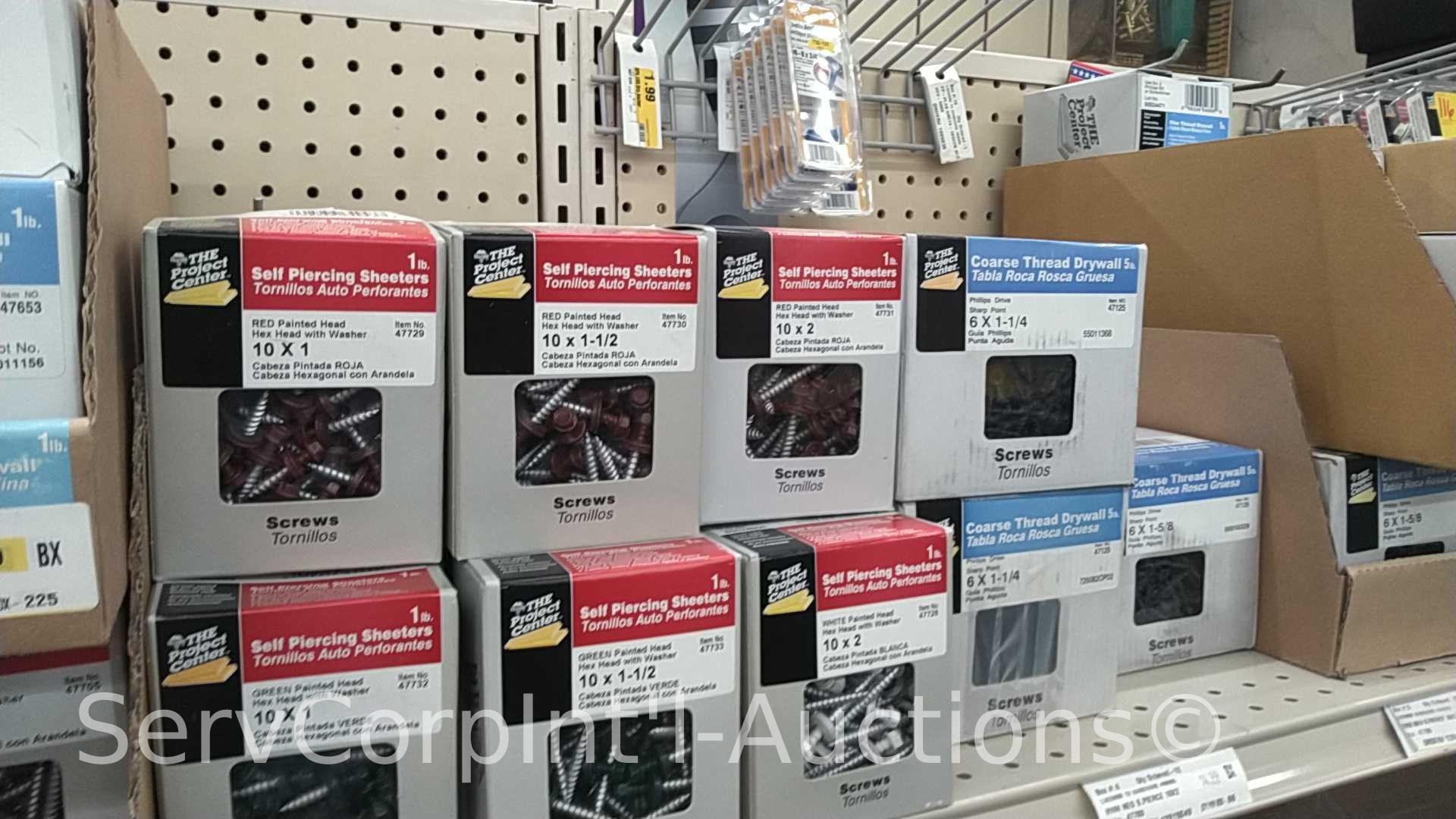 Lot on Top Shelf and Peg Board of Various Square Drive Screws, Trim Screws, Self Tap Screws, Thumb