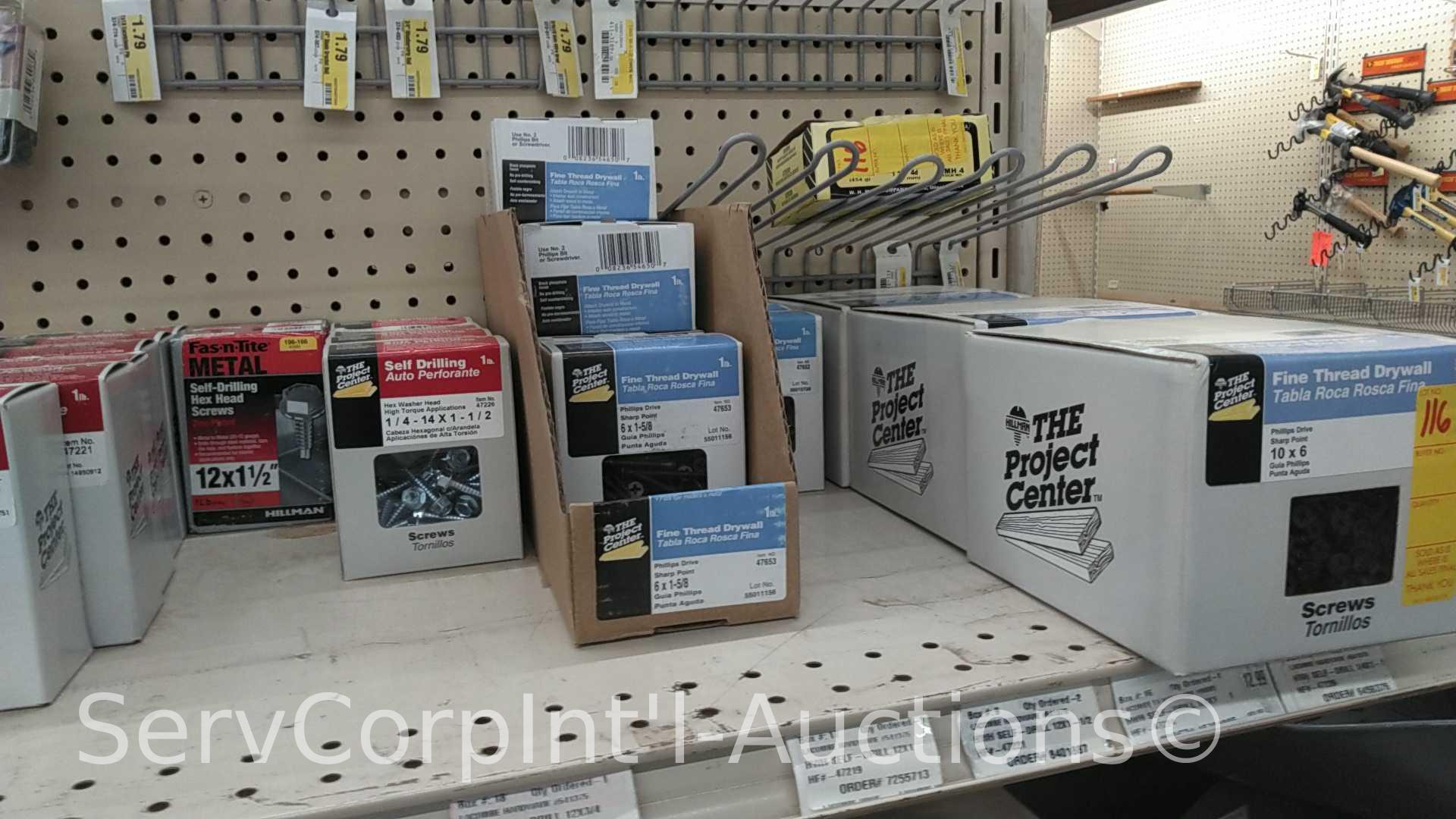 Lot on Top Shelf and Peg Board of Various Square Drive Screws, Trim Screws, Self Tap Screws, Thumb