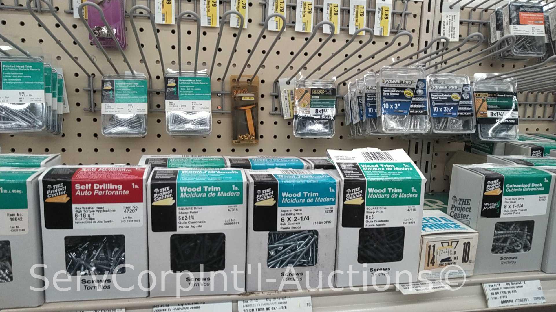 Lot on Top Shelf and Peg Board of Various Square Drive Screws, Trim Screws, Self Tap Screws, Thumb