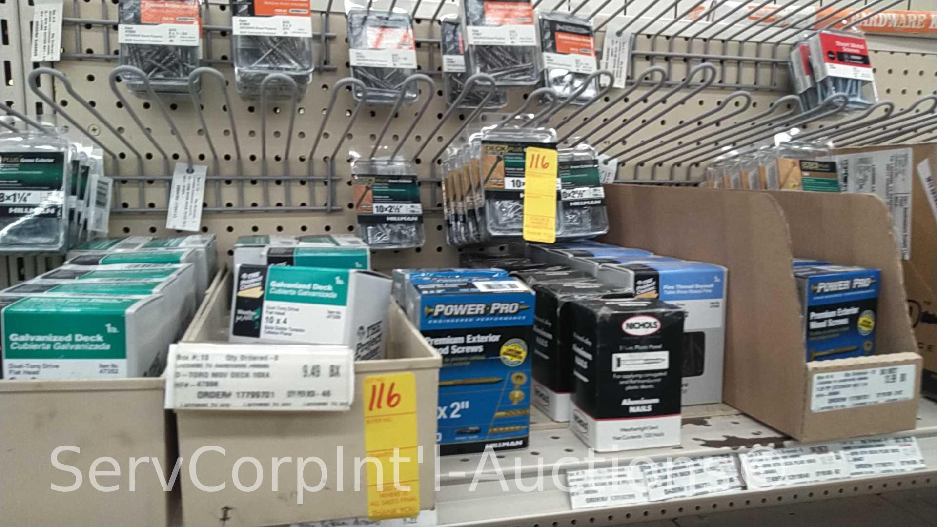 Lot on Top Shelf and Peg Board of Various Square Drive Screws, Trim Screws, Self Tap Screws, Thumb