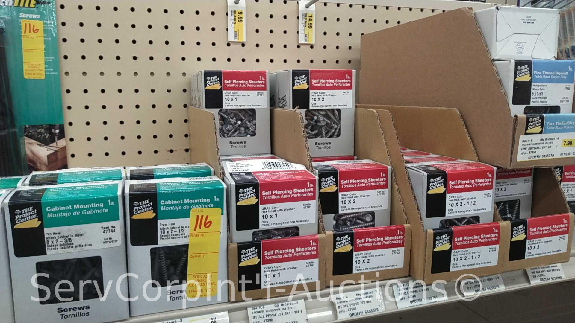 Lot on Top Shelf and Peg Board of Various Square Drive Screws, Trim Screws, Self Tap Screws, Thumb