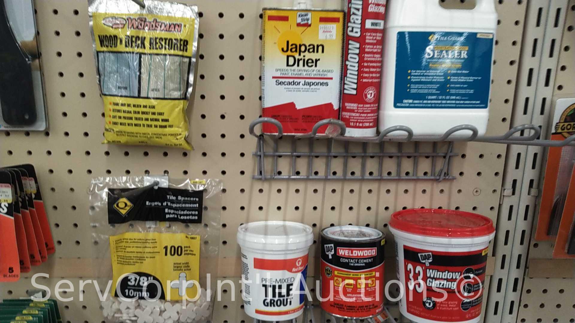 Lot of Various Blades, Tile Cutters, Caulk, Window Glazing, Tile Sealer, Tile Spacers, Glazier