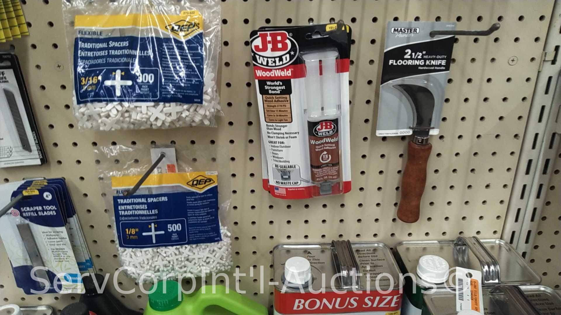 Lot of Various Blades, Tile Cutters, Caulk, Window Glazing, Tile Sealer, Tile Spacers, Glazier