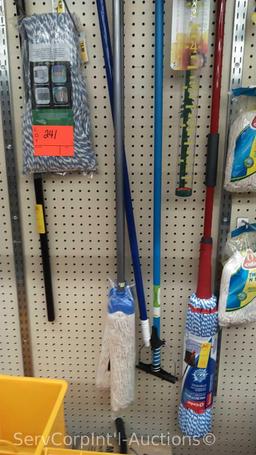 Lot of Various Mops, Mop Heads, Dampening Bags, Latex Gloves, Dust Cloths, Laundry Hooks, Dial