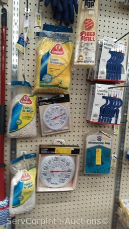 Lot of Various Mops, Mop Heads, Dampening Bags, Latex Gloves, Dust Cloths, Laundry Hooks, Dial