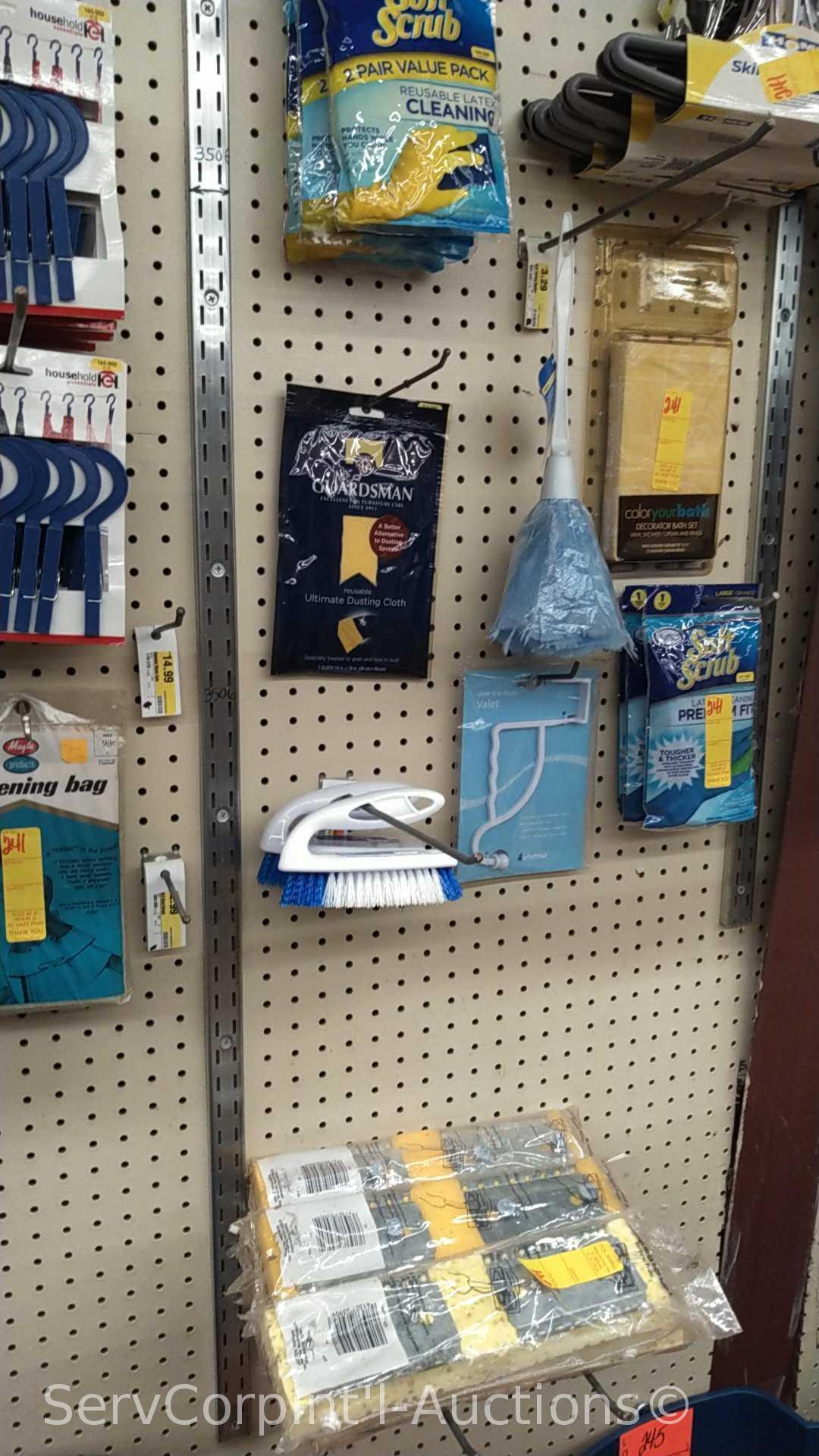 Lot of Various Mops, Mop Heads, Dampening Bags, Latex Gloves, Dust Cloths, Laundry Hooks, Dial
