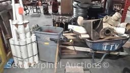 Lot of Various PVC Pipe/Fittings, Electrical Wire, Wheelbarrow