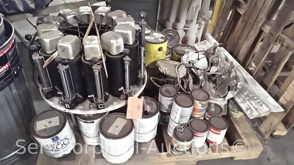 Lot on Pallet of Various Paint, Paint Mixer, Paint Shaker