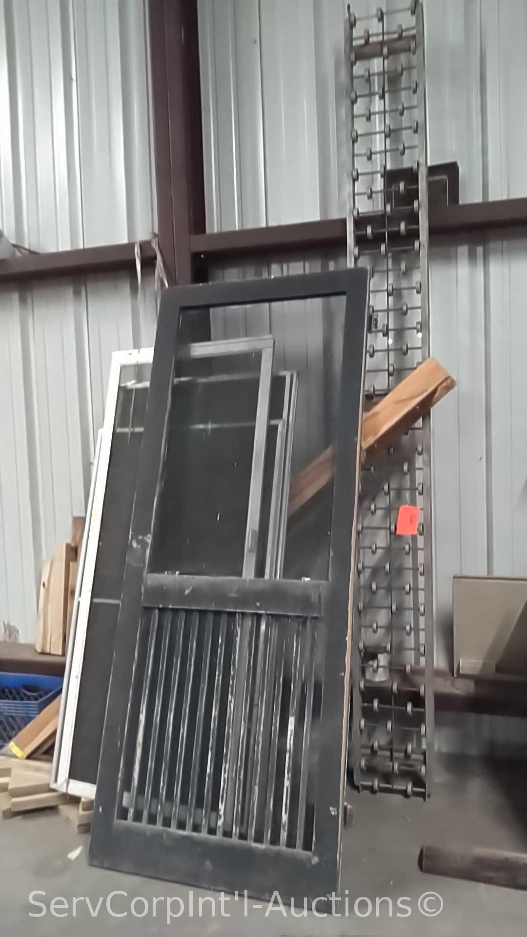 Lot of Various Window Screens, Screen Door, Roofing Joists, 15' Conveyor Roller