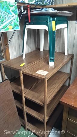 Lot of 2 Brown Metal Shelves, 3 Step Stools, Various Letter and Number Stickers, Picture Frame