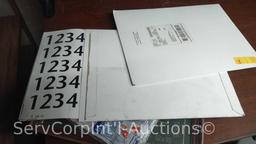 Lot of 2 Brown Metal Shelves, 3 Step Stools, Various Letter and Number Stickers, Picture Frame