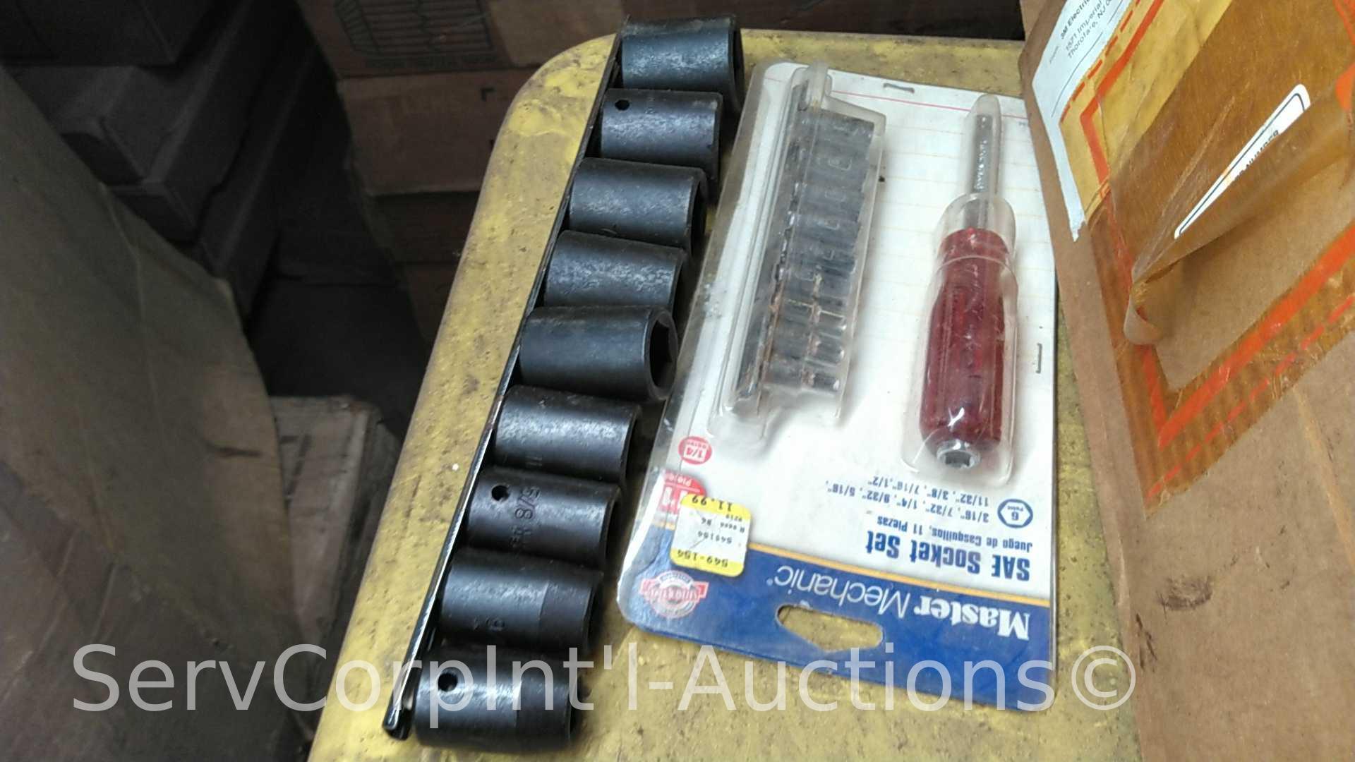 Lot of 2 Beer Kegs, Impact Sockets, Drill Bits, Leak Detector, Klein Cutters, Hydraulic Toe jack