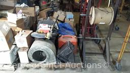 Lot on Pallet of Starting Fluid, Mower Seat, Gas Can, Tarp, Bug Zapper, Rock Changer, Homemade Wire