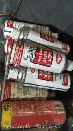 Lot on Pallet of Starting Fluid, Mower Seat, Gas Can, Tarp, Bug Zapper, Rock Changer, Homemade Wire
