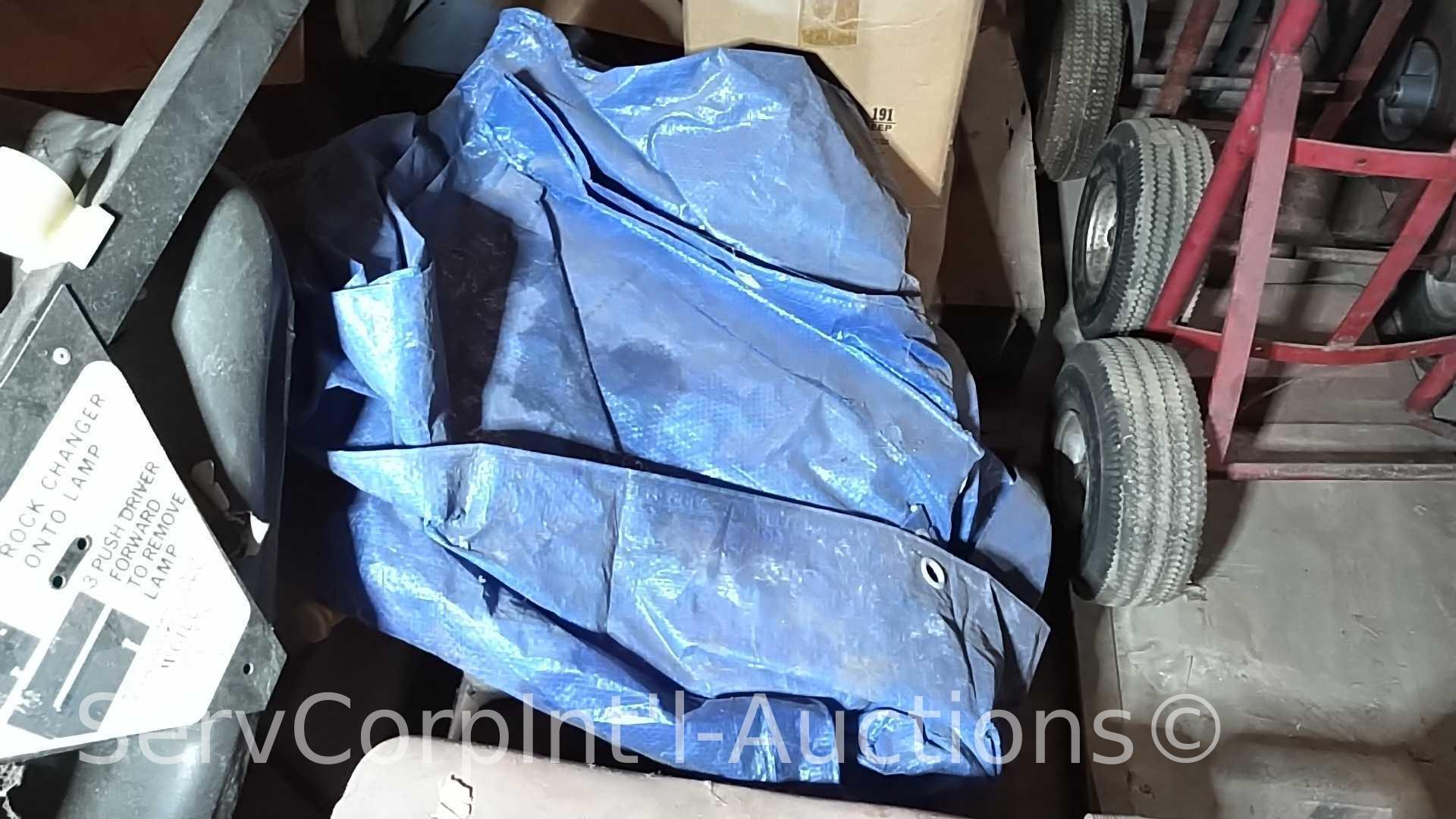 Lot on Pallet of Starting Fluid, Mower Seat, Gas Can, Tarp, Bug Zapper, Rock Changer, Homemade Wire
