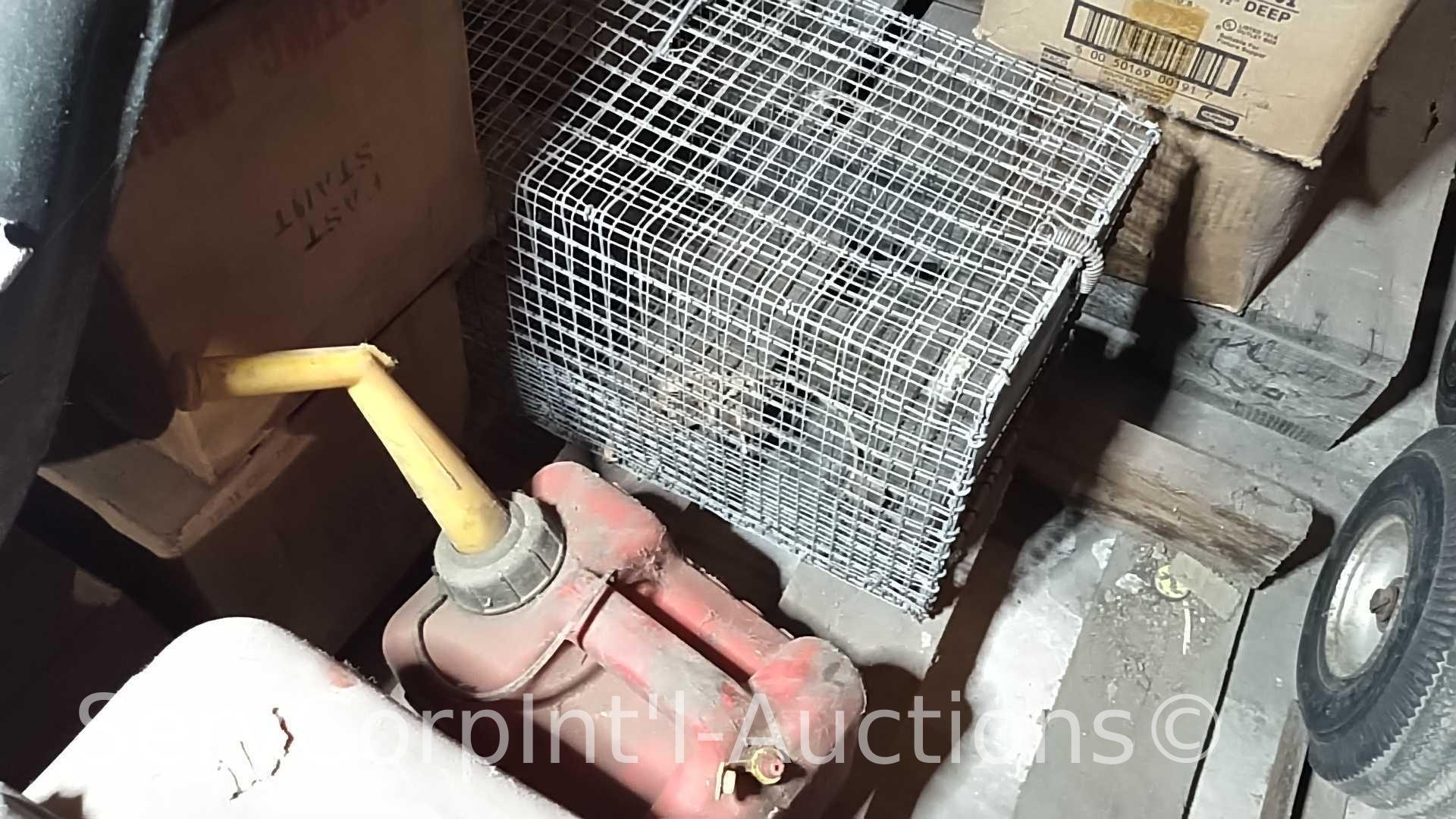 Lot on Pallet of Starting Fluid, Mower Seat, Gas Can, Tarp, Bug Zapper, Rock Changer, Homemade Wire