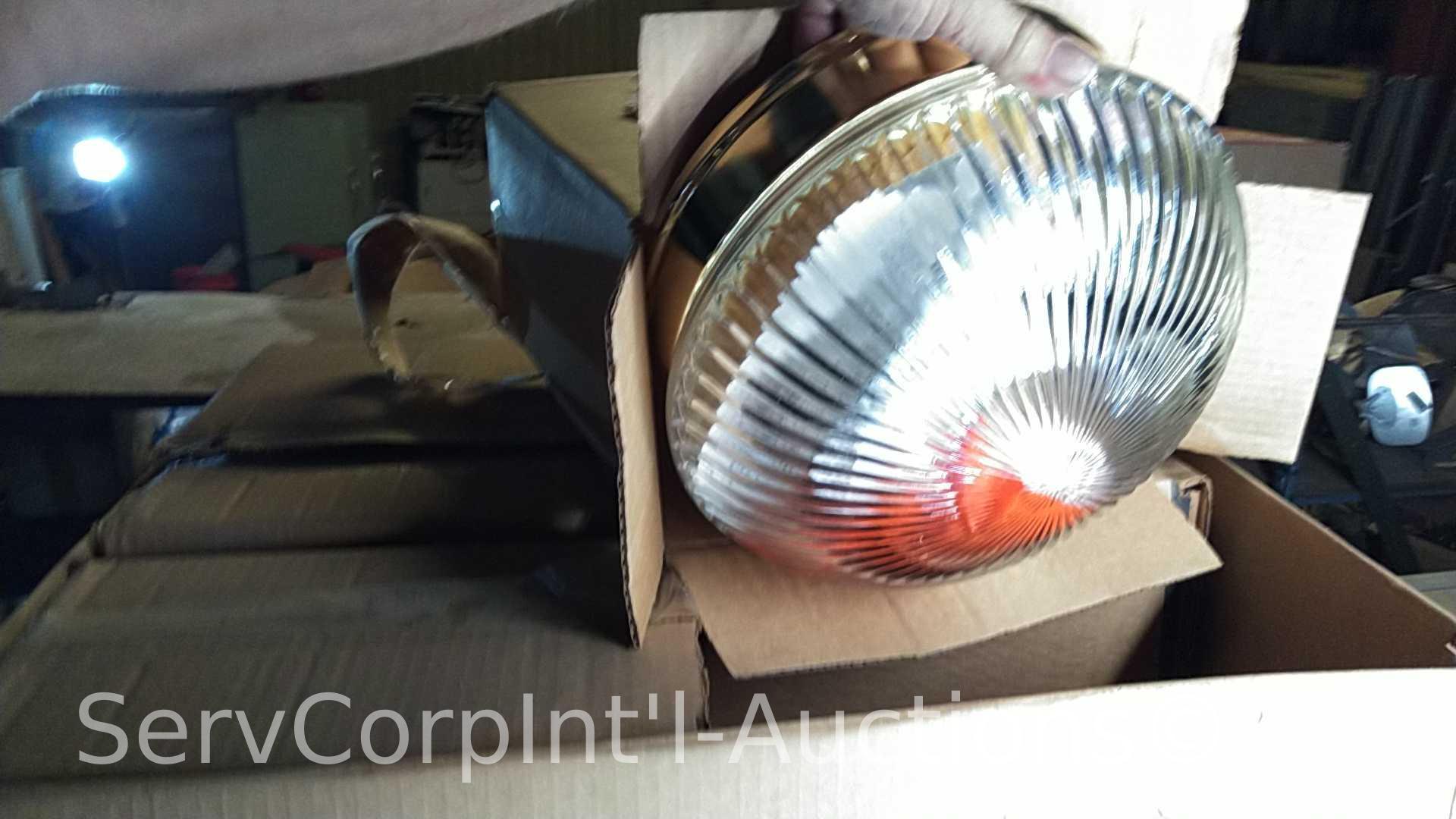 Lot on Shelves of Various Glass Globes, EMT Couplers, Hanging Light Fixtures, Open Face Boxes,