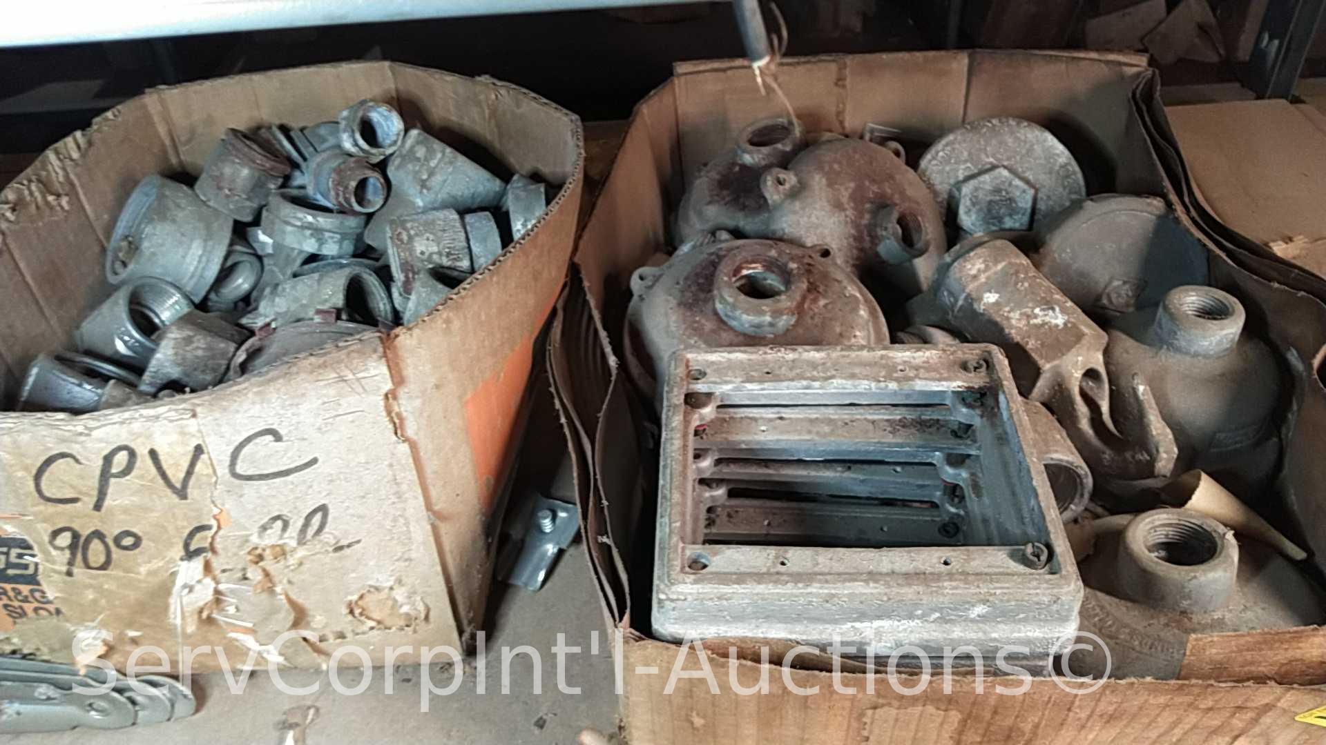 Lot on Shelves of Various Glass Globes, EMT Couplers, Hanging Light Fixtures, Open Face Boxes,