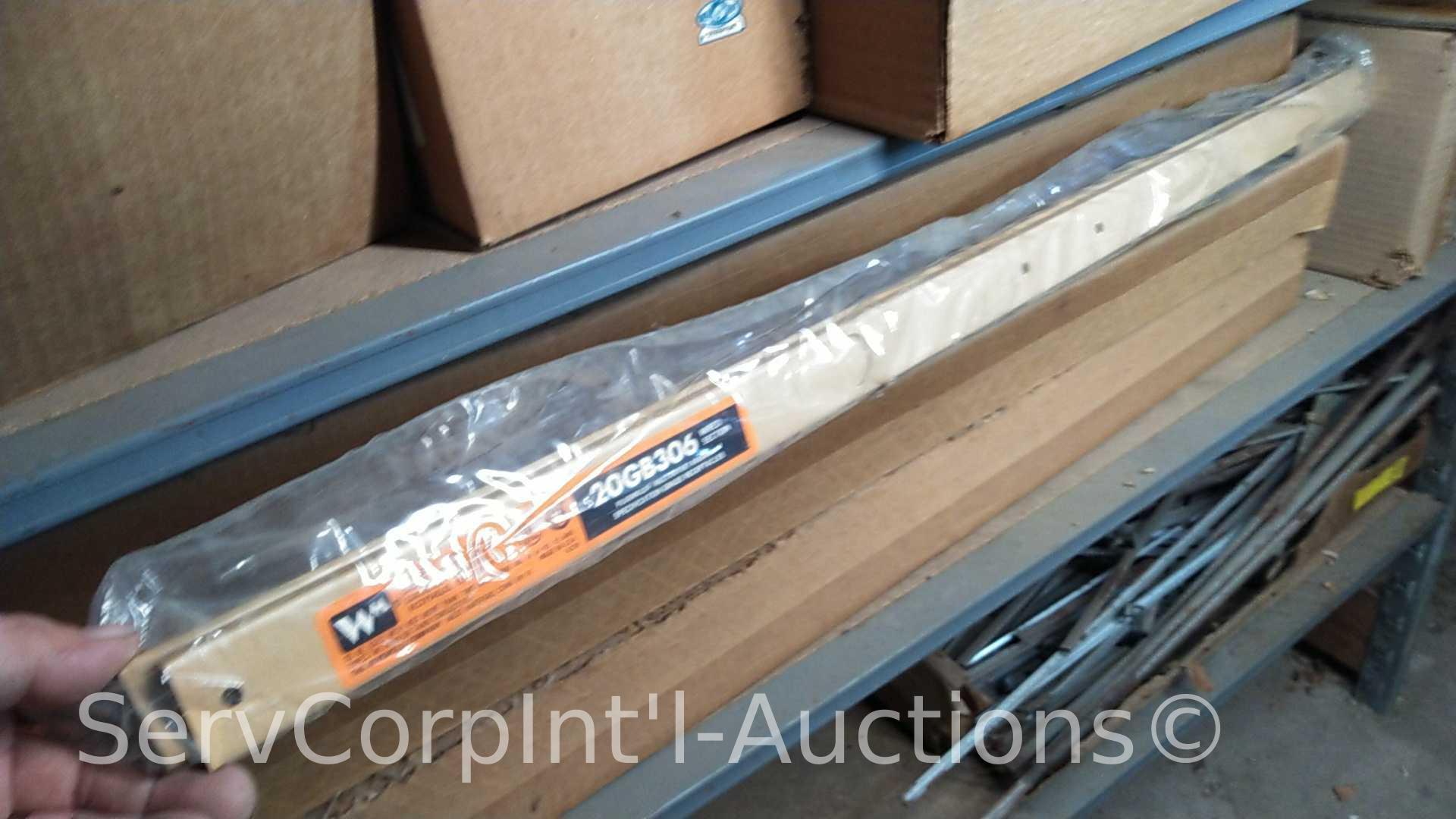 Lot on Shelves of Various Glass Globes, EMT Couplers, Hanging Light Fixtures, Open Face Boxes,