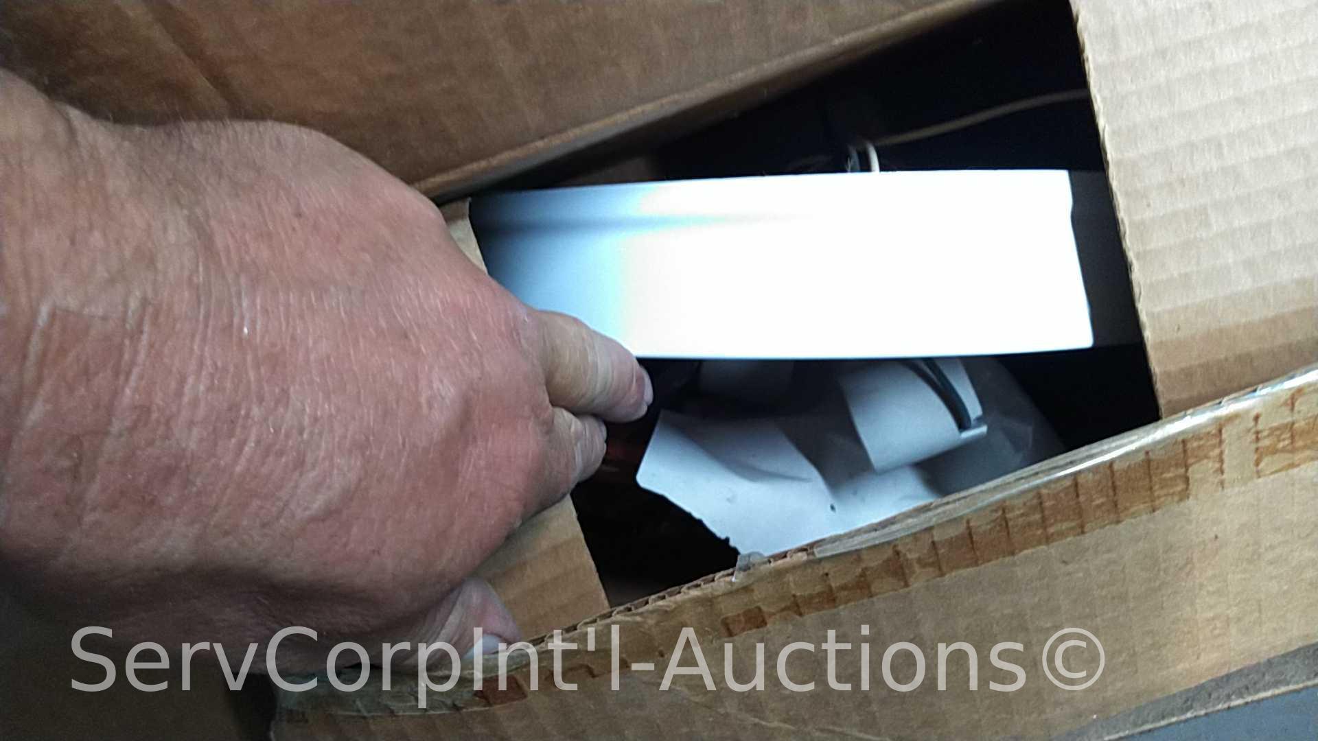 Lot on Shelves of Various Glass Globes, EMT Couplers, Hanging Light Fixtures, Open Face Boxes,