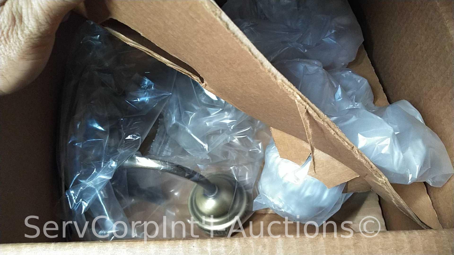 Lot on Shelves of Various Glass Globes, EMT Couplers, Hanging Light Fixtures, Open Face Boxes,
