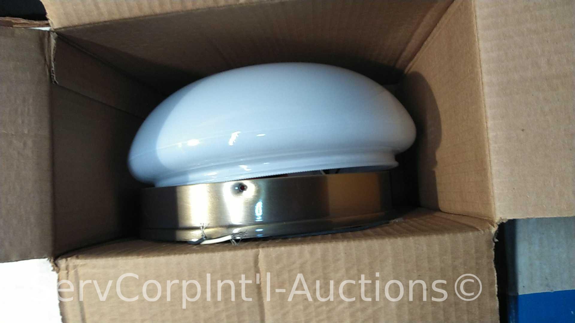 Lot on Shelves of Various Glass Globes, EMT Couplers, Hanging Light Fixtures, Open Face Boxes,