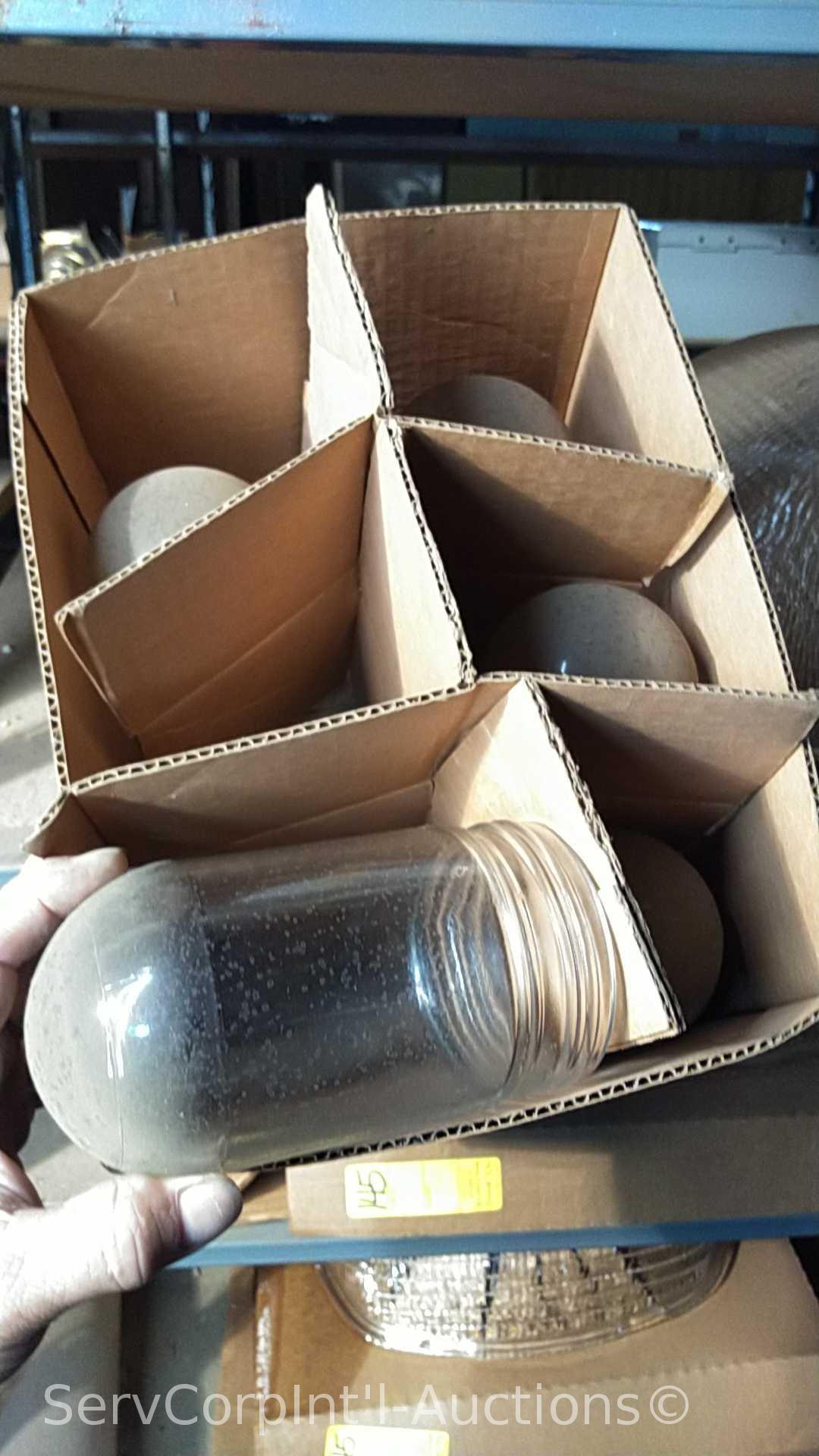 Lot on Shelves of Various Glass Globes, EMT Couplers, Hanging Light Fixtures, Open Face Boxes,