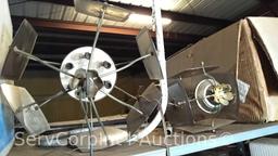 Lot on Shelves of Various Glass Globes, EMT Couplers, Hanging Light Fixtures, Open Face Boxes,