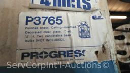 Lot on Shelves of Various Glass Globes, EMT Couplers, Hanging Light Fixtures, Open Face Boxes,