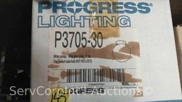 Lot on Shelves of Various Glass Globes, EMT Couplers, Hanging Light Fixtures, Open Face Boxes,