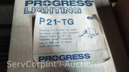 Lot on Shelves of Various Glass Globes, EMT Couplers, Hanging Light Fixtures, Open Face Boxes,