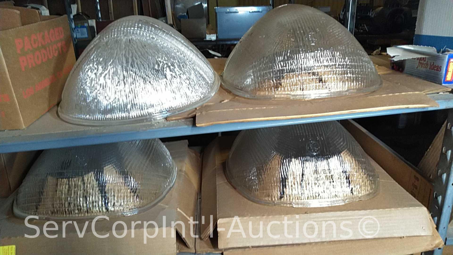 Lot on Shelves of Various Glass Globes, EMT Couplers, Hanging Light Fixtures, Open Face Boxes,