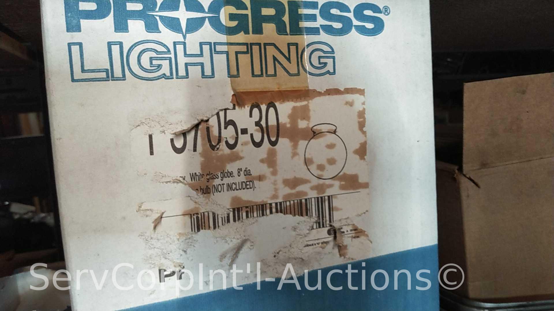 Lot on Shelves of Various Glass Globes, EMT Couplers, Hanging Light Fixtures, Open Face Boxes,