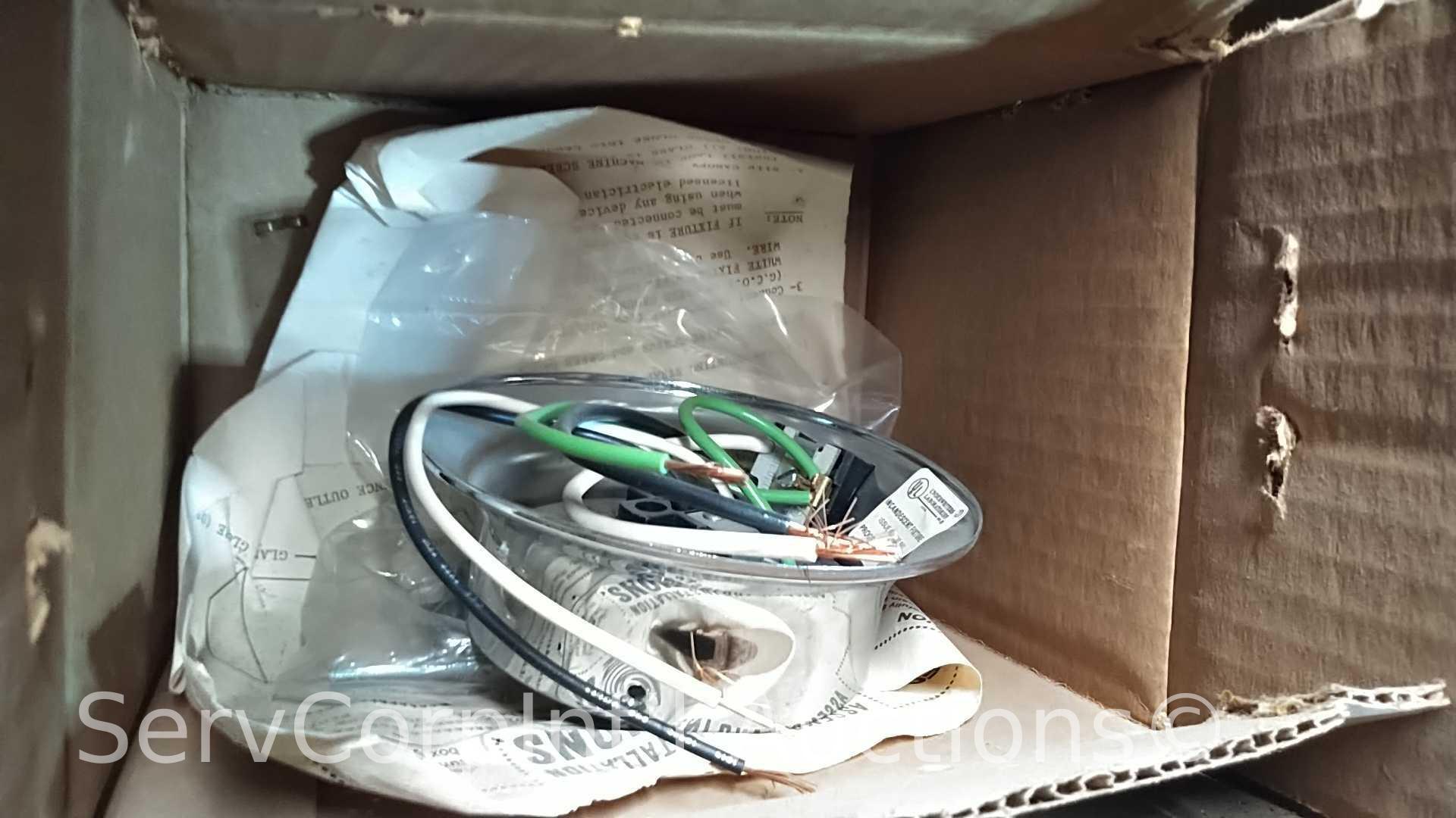 Lot on Shelves of Various Glass Globes, EMT Couplers, Hanging Light Fixtures, Open Face Boxes,
