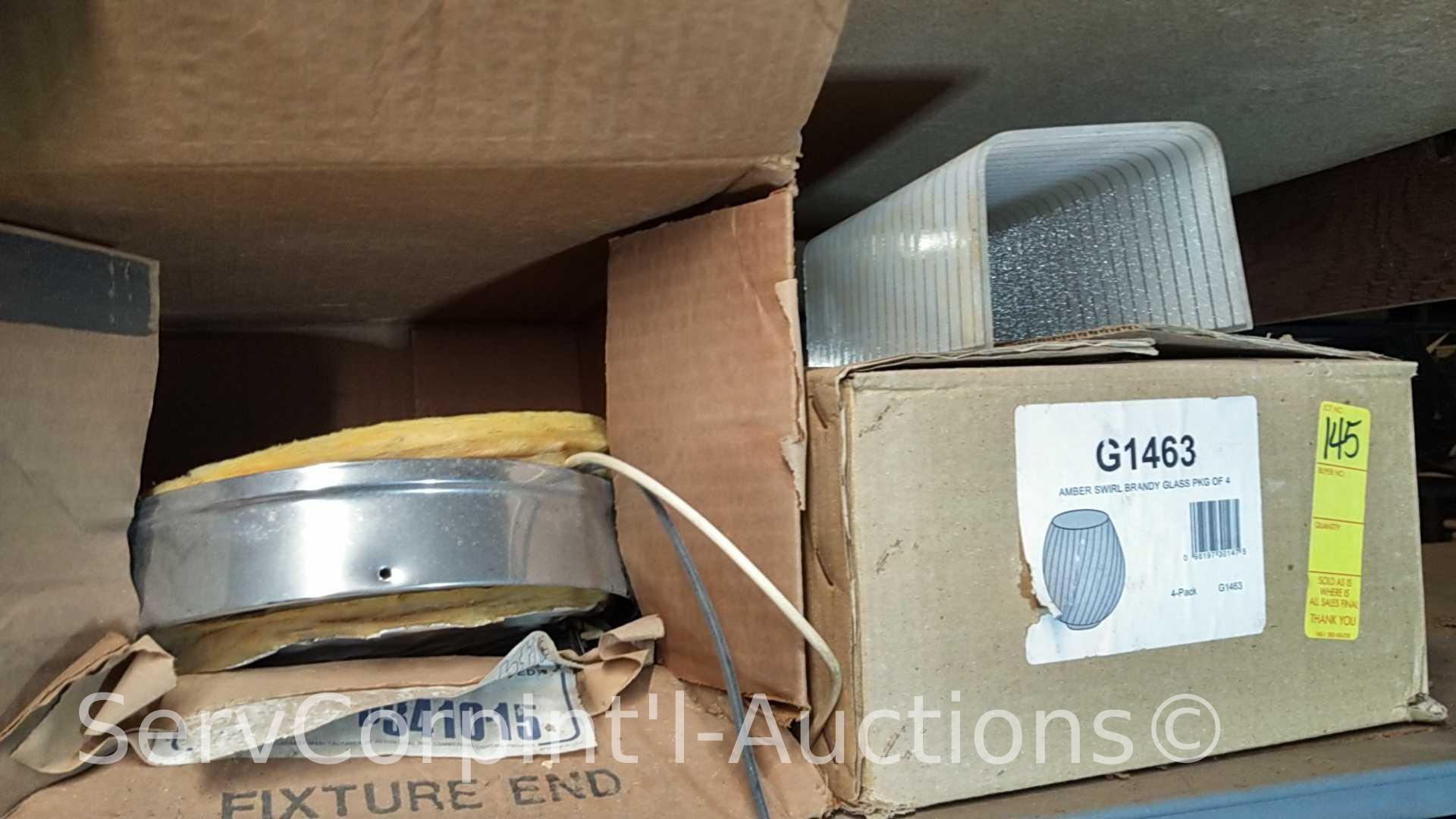 Lot on Shelves of Various Glass Globes, EMT Couplers, Hanging Light Fixtures, Open Face Boxes,