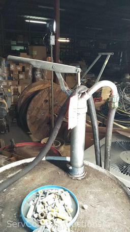 Lot on Pallet of Various Oil Drums, Oil Pump, Torch Hoses with Gauges