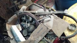 Lot on Pallet of Various Oil Drums, Oil Pump, Torch Hoses with Gauges