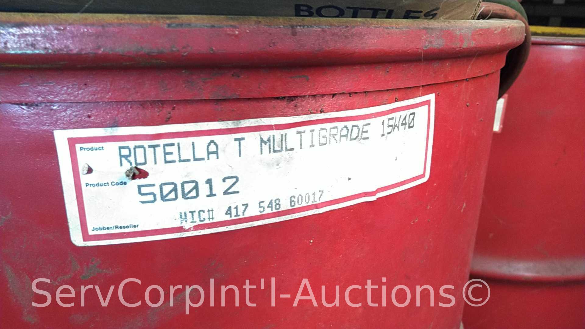 Lot on Pallet of Various Oil Drums, Oil Pump, Torch Hoses with Gauges