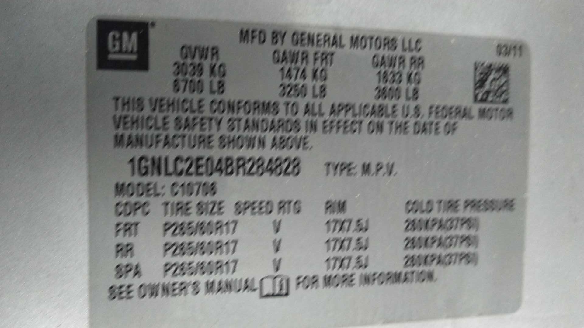 2011 Chevrolet Tahoe Multipurpose Vehicle (MPV), VIN # 1GNLC2E04BR284828