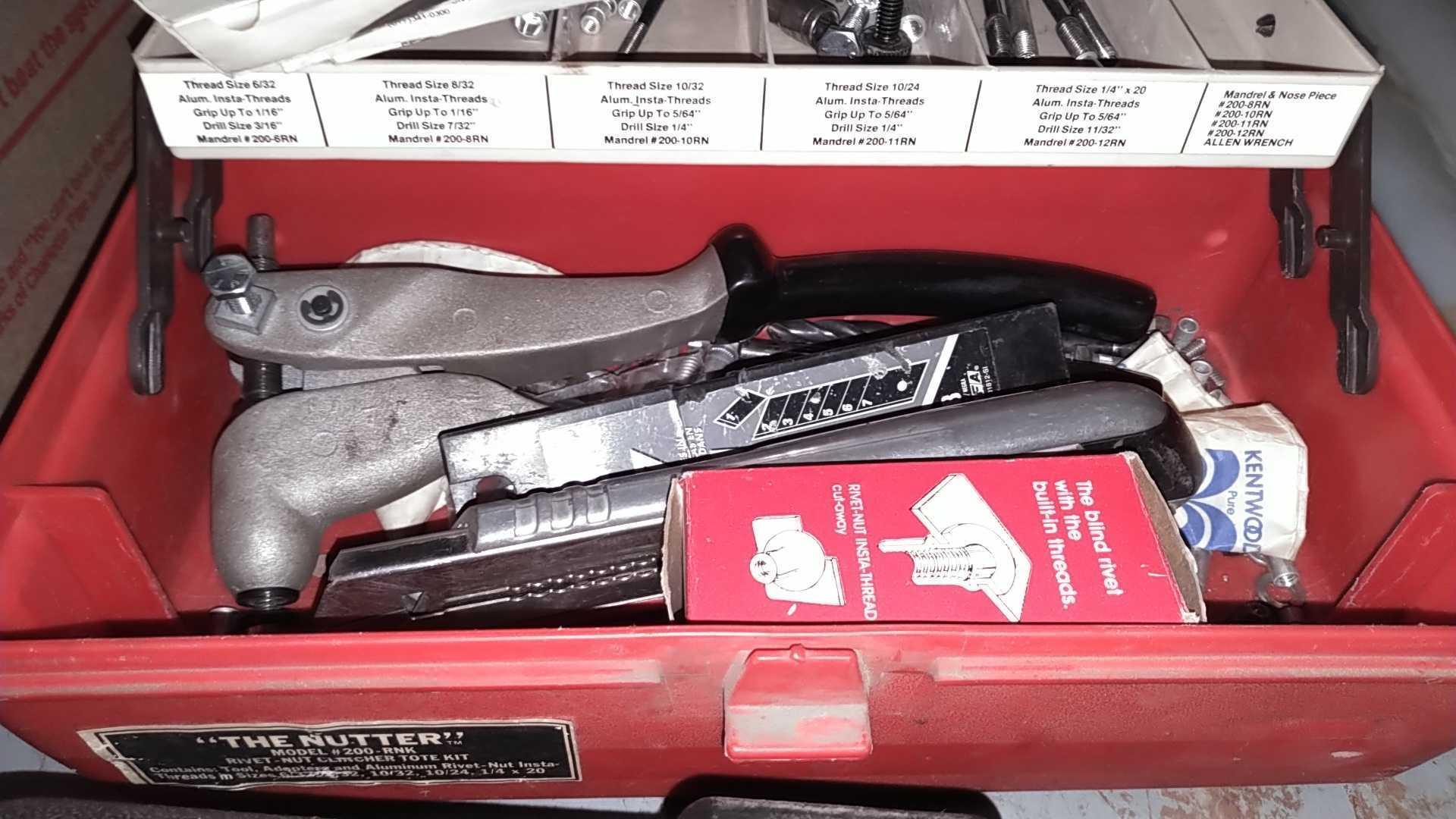 Lot on 2 Shelves of AC Guages, Music Sheets, Dremel, Rivet Clincher Kit, Window Shrink Film, Pre Log