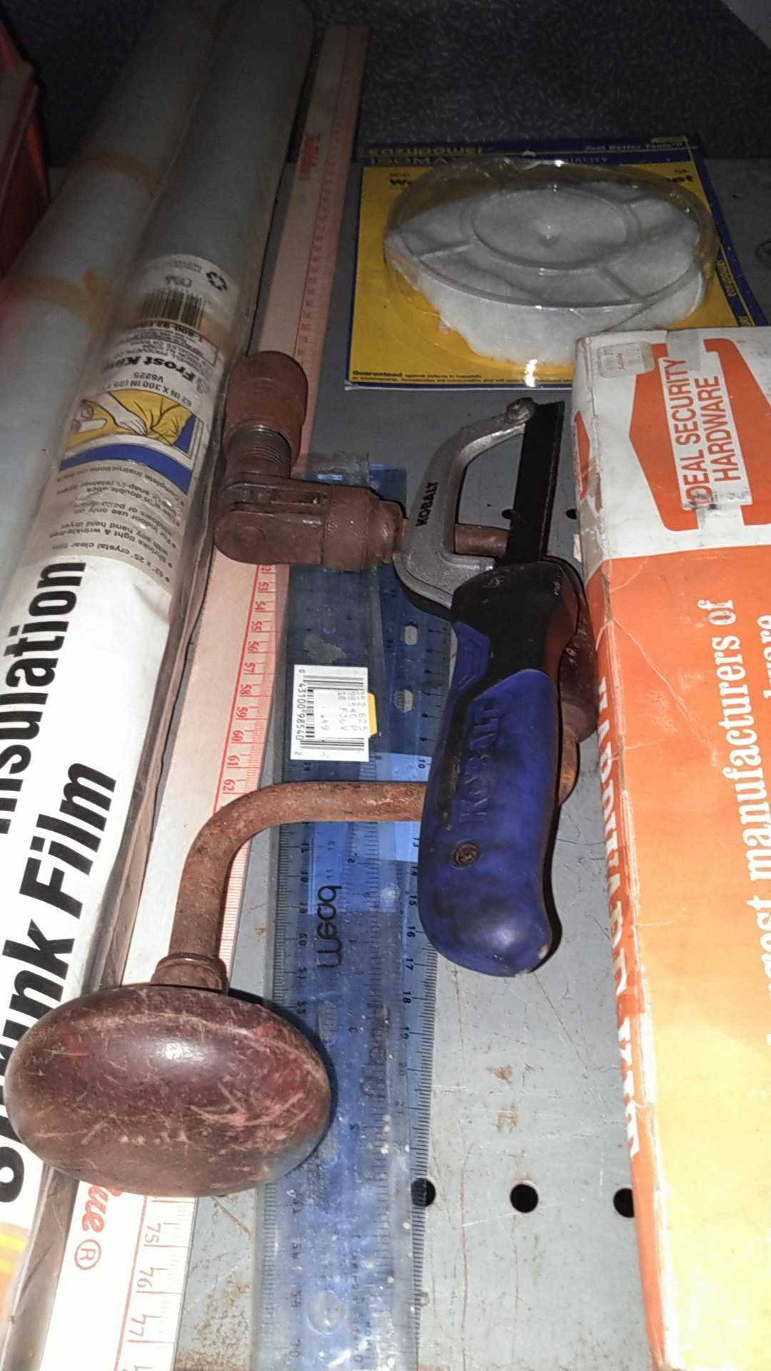 Lot on 2 Shelves of AC Guages, Music Sheets, Dremel, Rivet Clincher Kit, Window Shrink Film, Pre Log